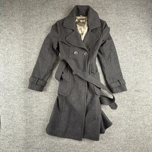 Steve Madden Wool Trench Coat Womens L Gray Tweed Belted Button Mid Length Warm
